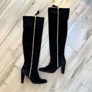 Stuart Weitzman Black Suede Leather OTK Over The Knee High Boot Gold Zipper 7.5